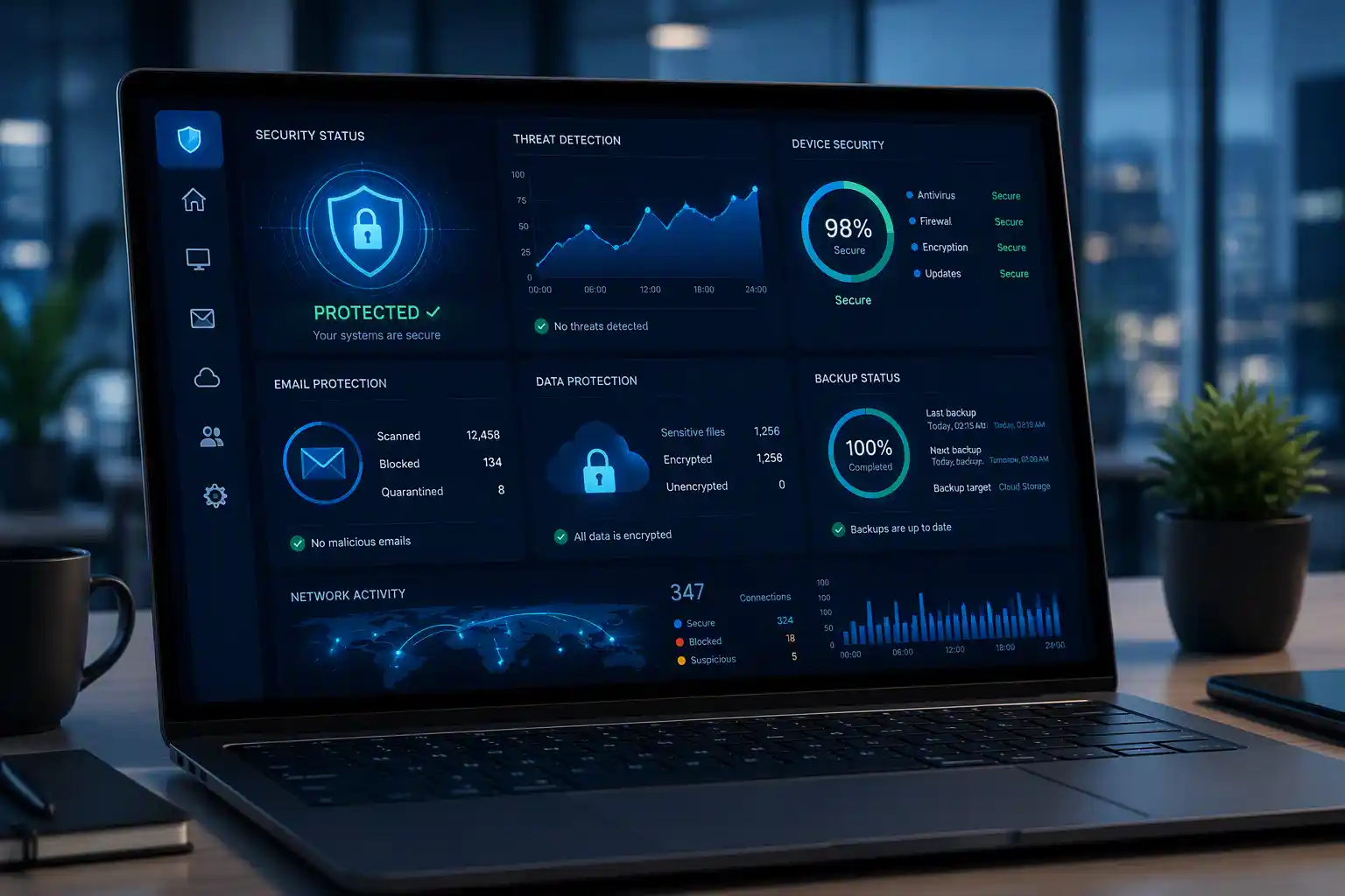 Business data security and cyber protection dashboard