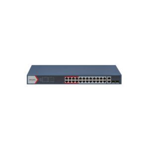 Hikvision L2  Smart Managed Switch  24 10/100M RJ45 PoE ports  2 Gigabit combo ports  802.3af/at  PoE power budget 370W  Max. 300 meter long distance PoE transmission