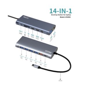MECER 14 in1 Type C Universal Docking Station W/ VGA x1/ HDMI x2/ USB3.0 x3 USB2.0 x2 TF&SD/ RJ45 x1/ Audio Jack x1/PD Support 100W & data/ Cable Length 15cm.