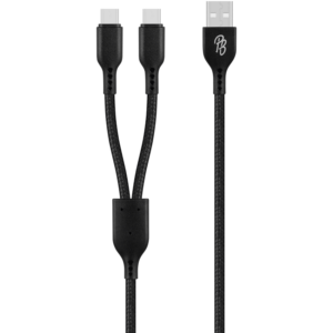 Pro Bass Cord Series 1.2m 15w USB-A to 2x USB-C Braided - Black