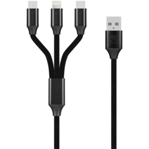 Volkano Weave Series Fabric Braided 3-in-1 (Type-C/Lightning/Micro) Cable 1m - Black
