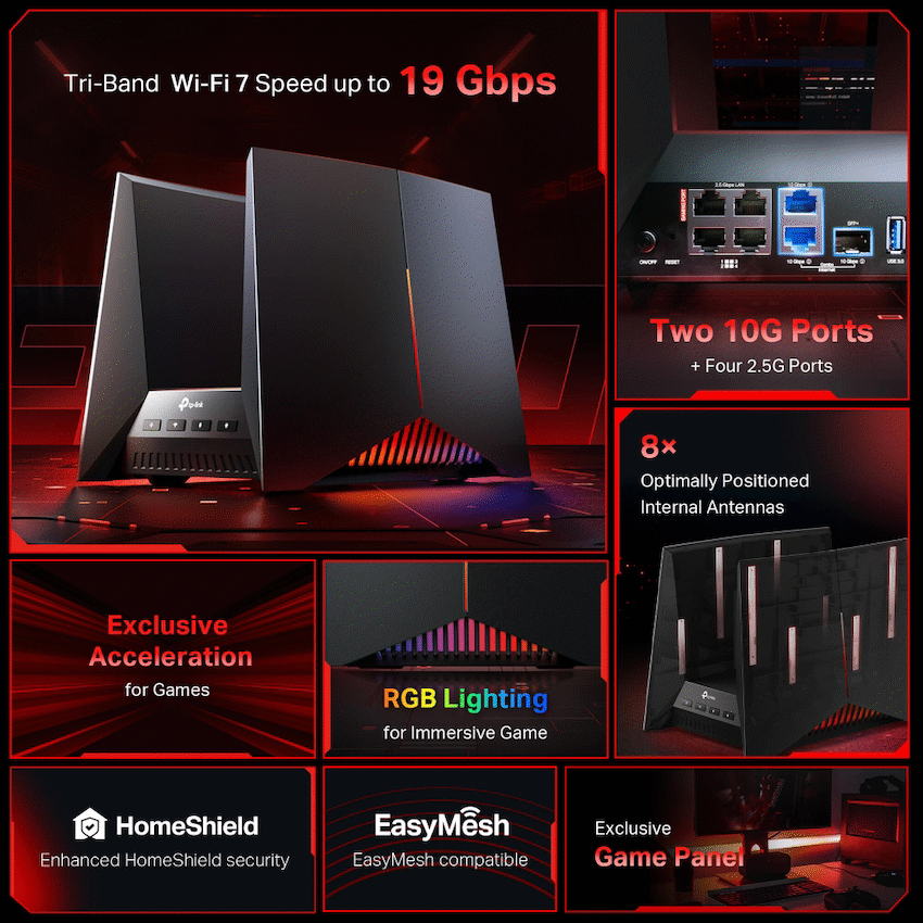 TP-Link Archer GE800 BE19000 Tri-Band Wi-Fi 7 Gaming Router