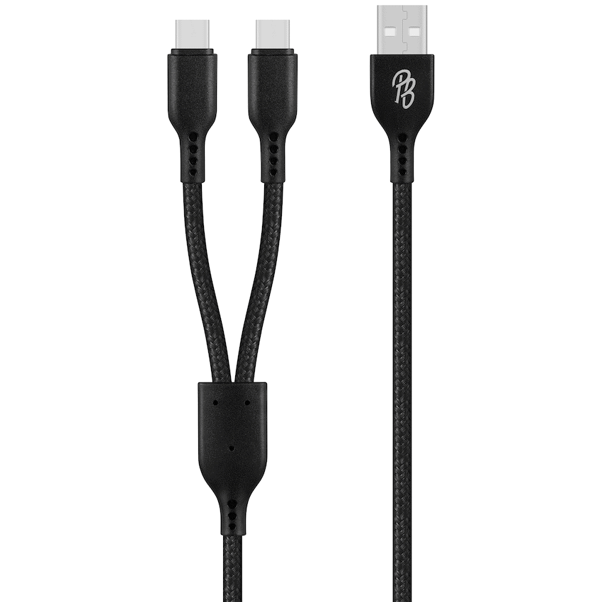 Pro Bass Cord Series 1.2m 15w USB-A to 2x USB-C Braided - Black - Image 2