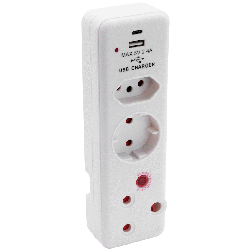 Ellies 3 Way Surge adaptor Schuko,with type C + USB - WT - Image 2
