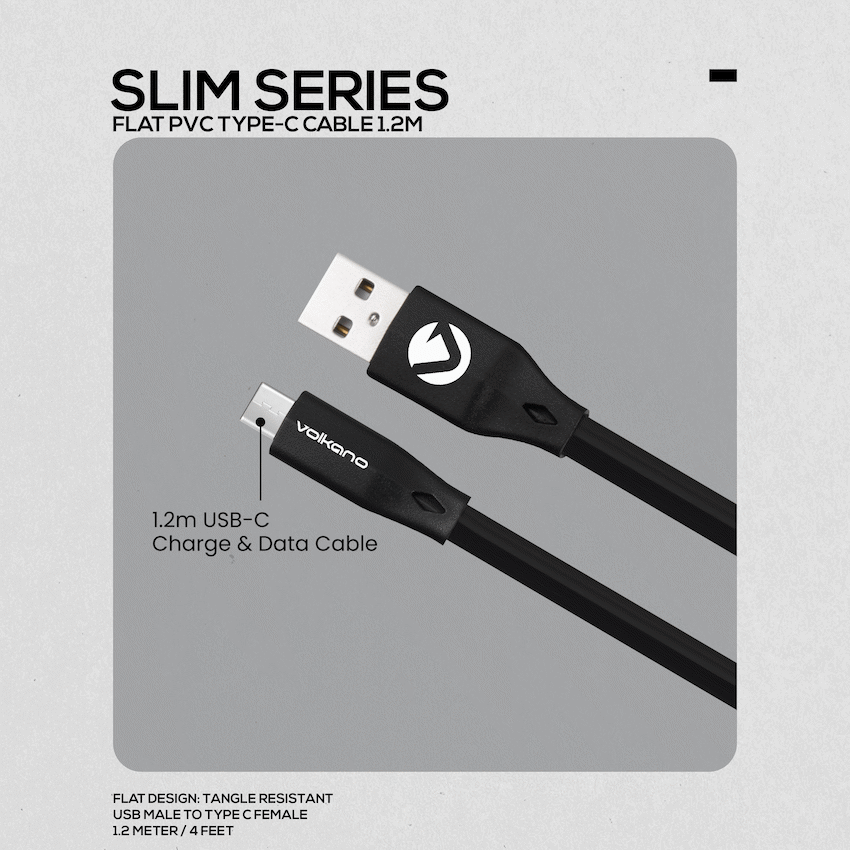 Volkano Slim Series Flat PVC Type-C Cable 1.2m - Black - Image 3