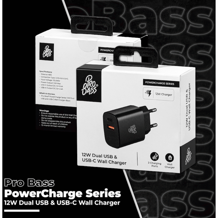 Pro Bass PowerCharge Series 12w Dual USB and Type-C Wall Charger - Black - Image 3