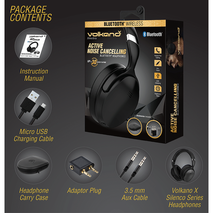 VolkanoX Silenco Series Active Noise-Cancelling Bluetooth Headphones - Black - Image 3