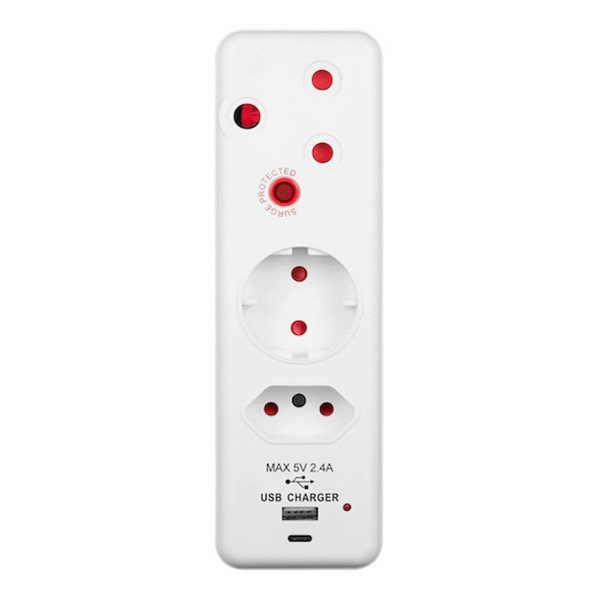 Ellies 3 Way Surge adaptor Schuko,with type C + USB - WT - Image 3