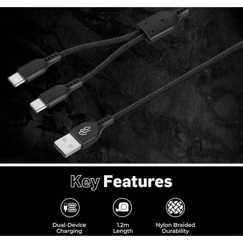 Pro Bass Cord Series 1.2m 15w USB-A to 2x USB-C Braided - Black - Image 4