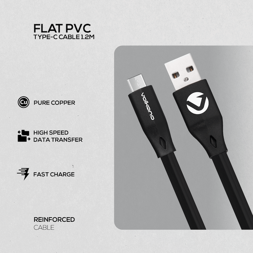 Volkano Slim Series Flat PVC Type-C Cable 1.2m - Black - Image 4