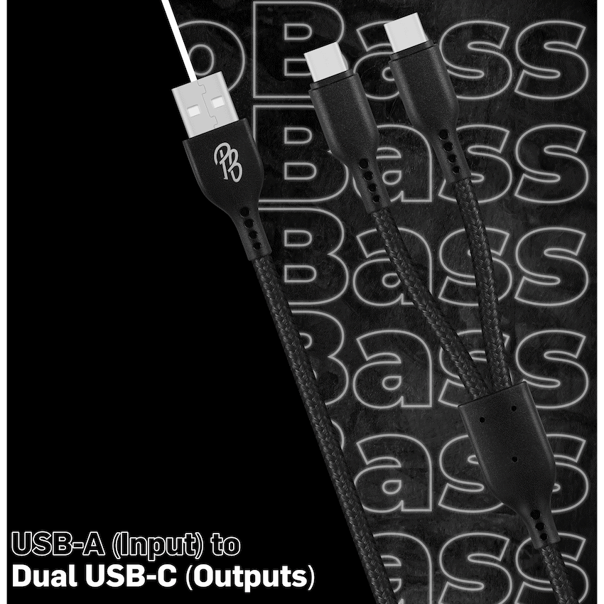 Pro Bass Cord Series 1.2m 15w USB-A to 2x USB-C Braided - Black - Image 5