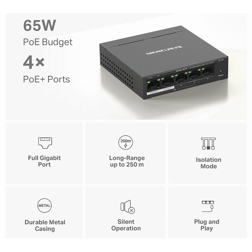 TP-Link Mercusys MS105GP 5-Port Gigabit Desktop Switch with 4-Port PoE+ - Image 5