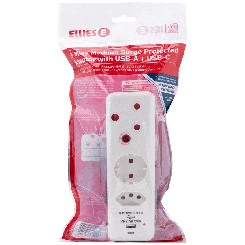 Ellies 3 Way Surge adaptor Schuko,with type C + USB - WT - Image 6