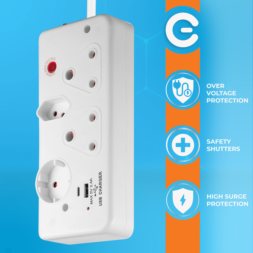 Switched 4-Way with 1x Type-C + 1x USB 2.4a Socket Medium Surge-Protected 0.5m - Image 6