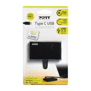 Port Designs USB Type-C to 4 x USB3.0 5Gbps 30cm 4 Port Hub - Black